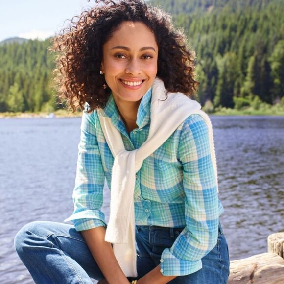 Talbots Cotton Button Front Shirt - Ornament Plaid Metallic in Blue Size 1X - Picture 1 of 8